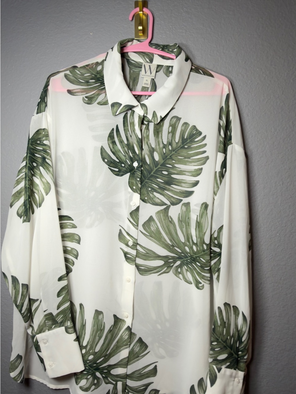 Worthington White Button-Down Shirt with Green Palm Print